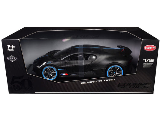 Bugatti Divo Carbon Fiber with Blue Accents "Carbon Series - Bburago 50th Anniversary" 1/18 Diecast Model Car by Bburago-0