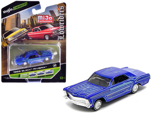 1965 Buick Riviera Candy Blue with Graphics "Lowriders" "Maisto Design" Series 1/64 Diecast Model Car by Maisto-0