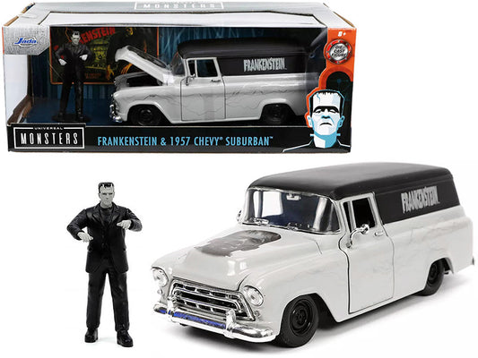 1957 Chevrolet Suburban Gray and Black with Graphics and Frankenstein Diecast Figurine "Universal Monsters" "Hollywood Rides" Series 1/24 Diecast Model Car by Jada-0
