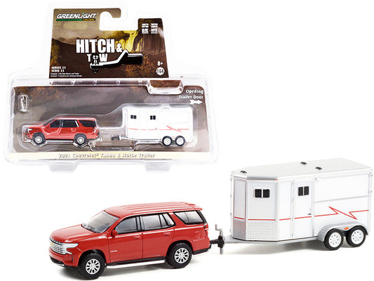 2021 Chevrolet Tahoe Cherry Red Pearl with White Horse Trailer "Hitch & Tow" Series 23 1/64 Diecast Model Car by Greenlight-0