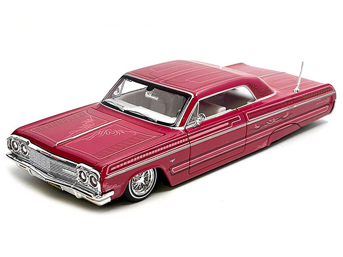1964 Chevrolet Impala SS Lowrider Pink with Graphics and White Interior "Lowriders" "Maisto Design" Series 1/26 Diecast Model Car by Maisto-2