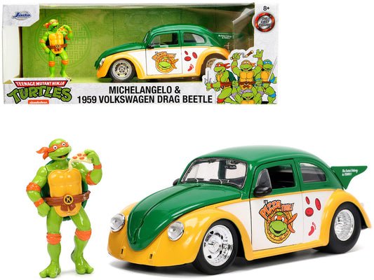1959 Volkswagen Drag Beetle Green and Yellow and Michelangelo Diecast Figure "Teenage Mutant Ninja Turtles" "Hollywood Rides" Series 1/24 Diecast Model Car by Jada-0