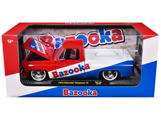 1973 Chevrolet Cheyenne 10 Pickup Truck Red and Blue with White Stripe "Bazooka Bubble Gum" Limited Edition to 6250 pieces Worldwide 1/24 Diecast Model Car by M2 Machines-0