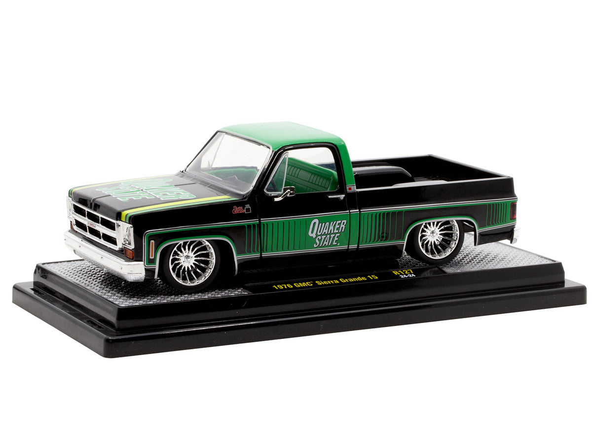 1976 GMC Sierra Grande 15 Pickup Truck "Quaker State" Black with Green Top Graphics and Interior Limited Edition to 6650 pieces Worldwide 1/24 Diecast Model Car by M2 Machines-1