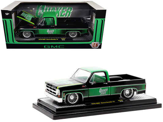 1976 GMC Sierra Grande 15 Pickup Truck "Quaker State" Black with Green Top Graphics and Interior Limited Edition to 6650 pieces Worldwide 1/24 Diecast Model Car by M2 Machines-0