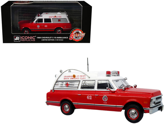 1969 Chevrolet C-10 Ambulance "Los Angeles City Fire Department" Red and White "5 Alarm" Series Limited Edition 1/50 Diecast Model by Iconic Replicas-0