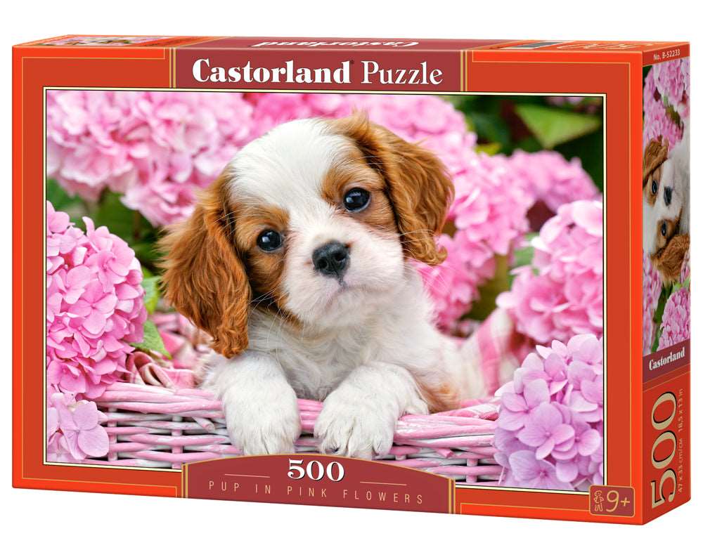 500 Piece Jigsaw Puzzle, Pup in Pink Flowers, Animal puzzle, Dog puzzle; Puppies, Cute dog, Adult Puzzles
