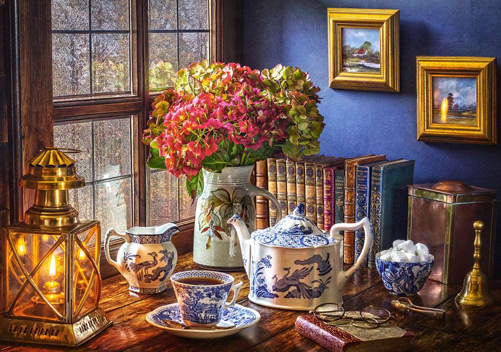 500 Piece Jigsaw Puzzle, Tea Time, Classic interior, old fashioned furniture, oil lamp, beautiful vase, Adult Puzzles
