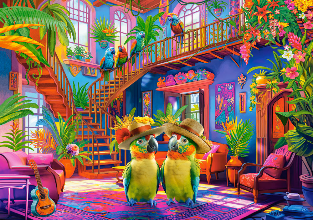 500 Piece Jigsaw Puzzle, Parrots in Paradise, Tropical interior, Colorful puzzles, Animal puzzles, Adult Puzzle, Castorland B-53995