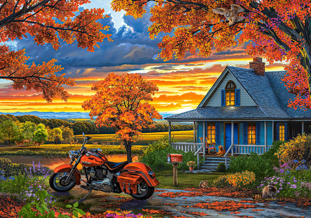 500 Piece Jigsaw Puzzle Autumn Ride Sunset Motorcycle