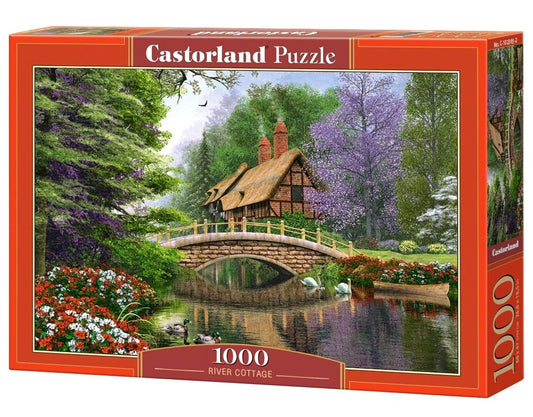 1000 Piece Jigsaw Puzzle, River Cottage, Storybook landscape, Colorful flowers, Adult Puzzle