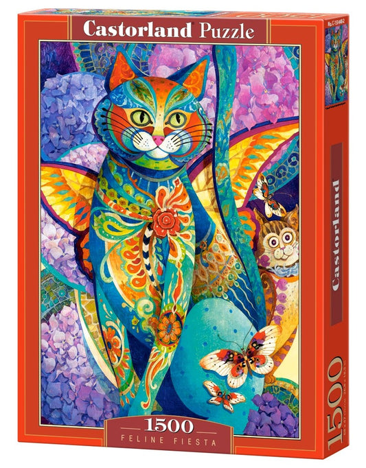 1500 Piece Jigsaw Puzzle, Feline Fiesta, Art. Puzzle, Colorful cat painting, Hydrangeas flowers, Adult Puzzle
