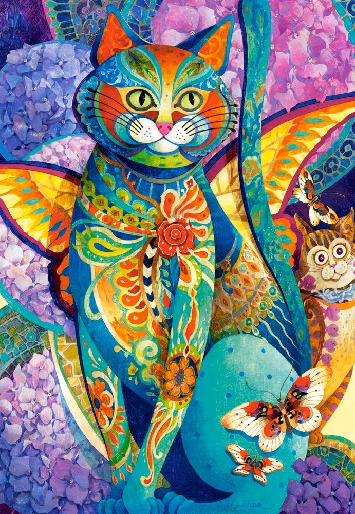 1500 Piece Jigsaw Puzzle, Feline Fiesta, Art. Puzzle, Colorful cat painting, Hydrangeas flowers, Adult Puzzle
