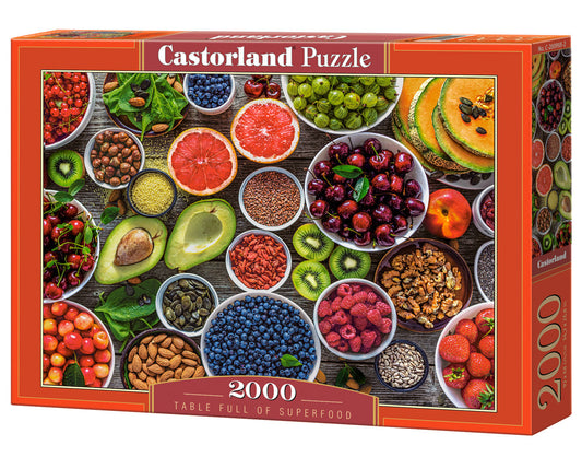2000 Piece Jigsaw Puzzle, Table Full of Superfood, Food puzzles, Variety of fruits and nuts, Colorful food, "Tasty" puzzles, Adult Puzzle, Castorland C-200993-2