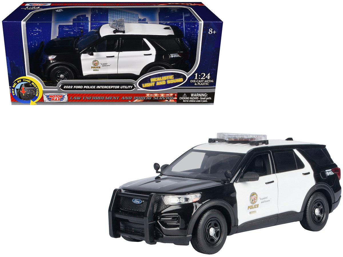 Motormax 1/24 Ford Police Interceptor Utility LAPD Car Black White With Flashing Light Bar And Lights And Sounds