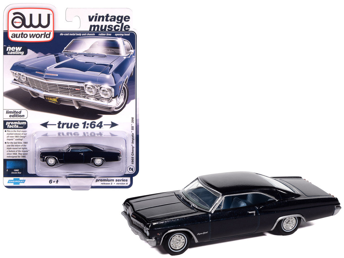 1965 Chevrolet Impala SS 396 Danube Blue Metallic with Blue Interior "Vintage Muscle" Series 1/64 Diecast Model Car by Auto World-2