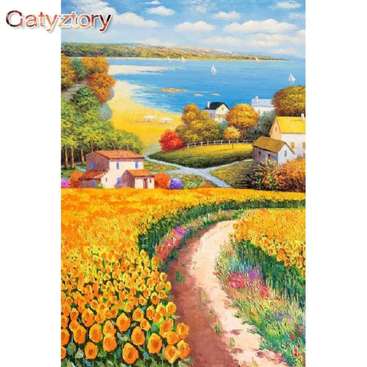 Sunflower Village Landscape Acrylic Paint By Numbers Kit on Canvas