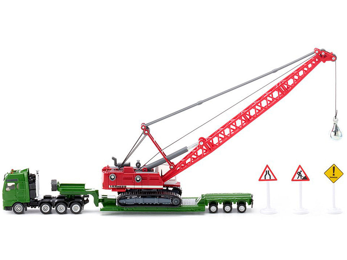 Heavy Haulage Transporter Green and Liebherr Cable Excavator Red with Wrecking Ball and Signs 1/87 (HO) Diecast Models by Siku-1