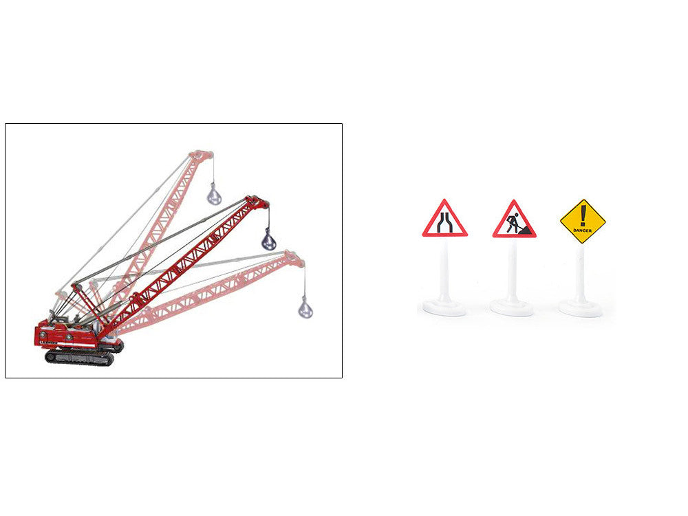 Heavy Haulage Transporter Green and Liebherr Cable Excavator Red with Wrecking Ball and Signs 1/87 (HO) Diecast Models by Siku-4