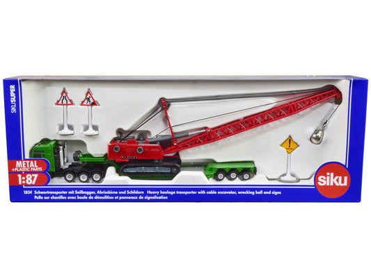 Heavy Haulage Transporter Green and Liebherr Cable Excavator Red with Wrecking Ball and Signs 1/87 (HO) Diecast Models by Siku-0