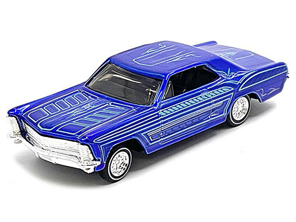 1965 Buick Riviera Candy Blue with Graphics "Lowriders" "Maisto Design" Series 1/64 Diecast Model Car by Maisto-1