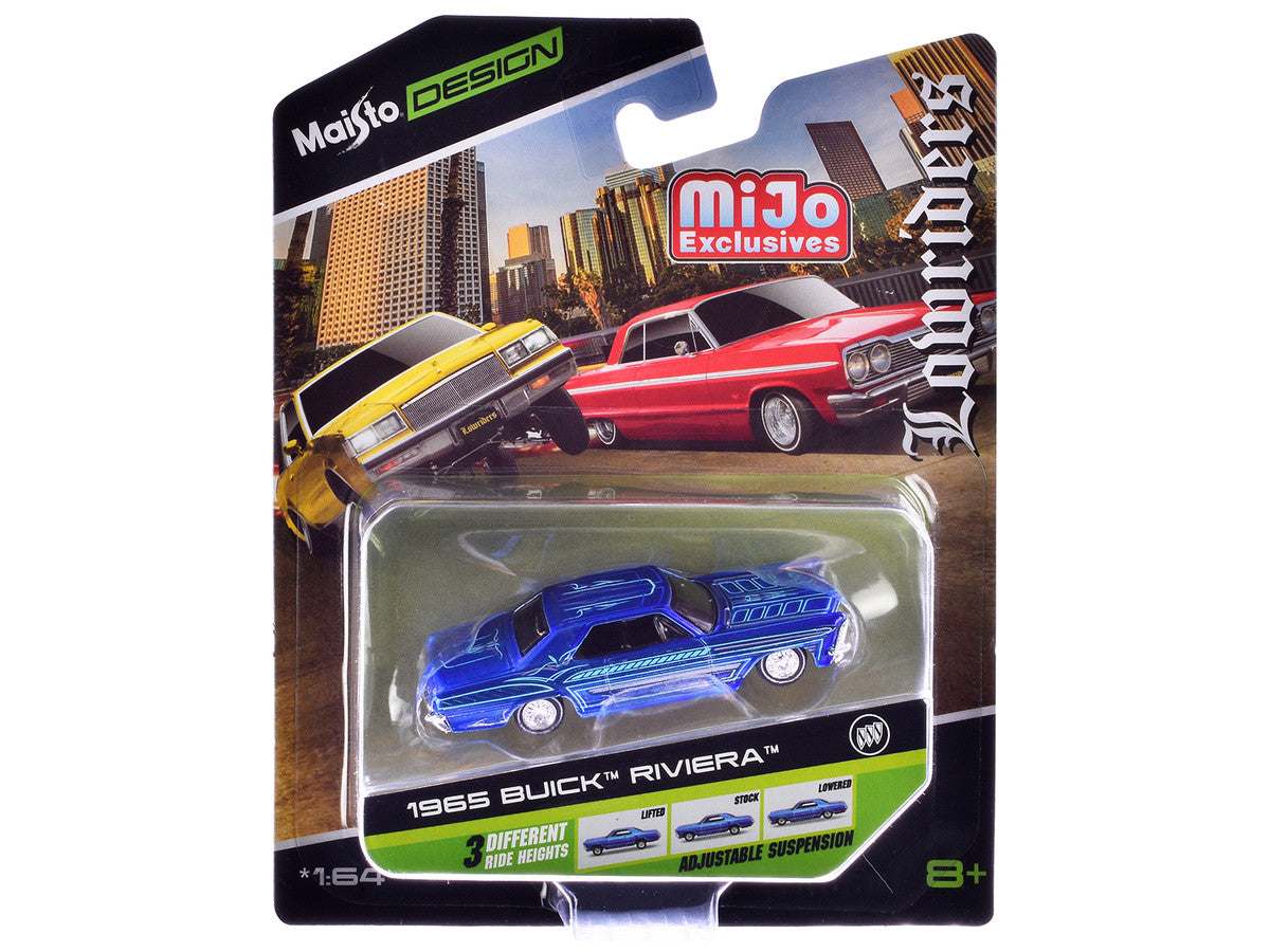 1965 Buick Riviera Candy Blue with Graphics "Lowriders" "Maisto Design" Series 1/64 Diecast Model Car by Maisto-2