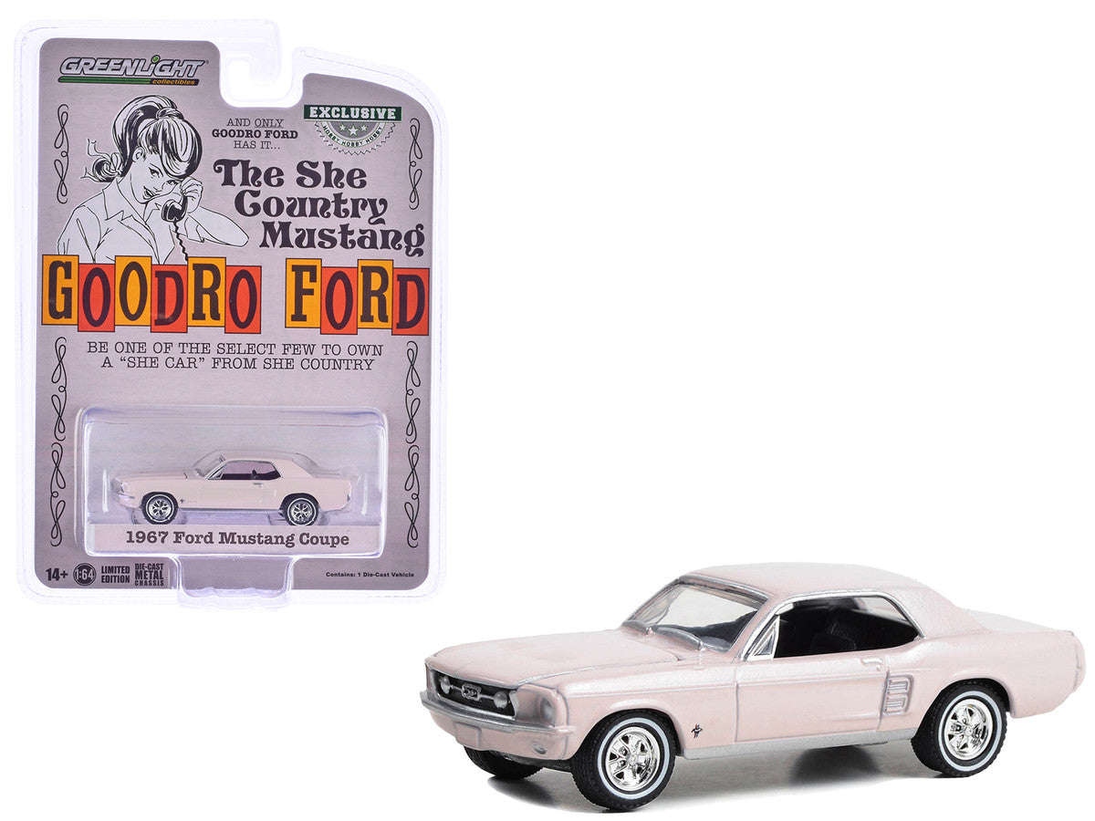 1967 Ford Mustang Coupe "She Country Special - Bill Goodro Ford Denver Colorado" Bermuda Sand "Hobby Exclusive" Series 1/64 Diecast Model Car by Greenlight-0