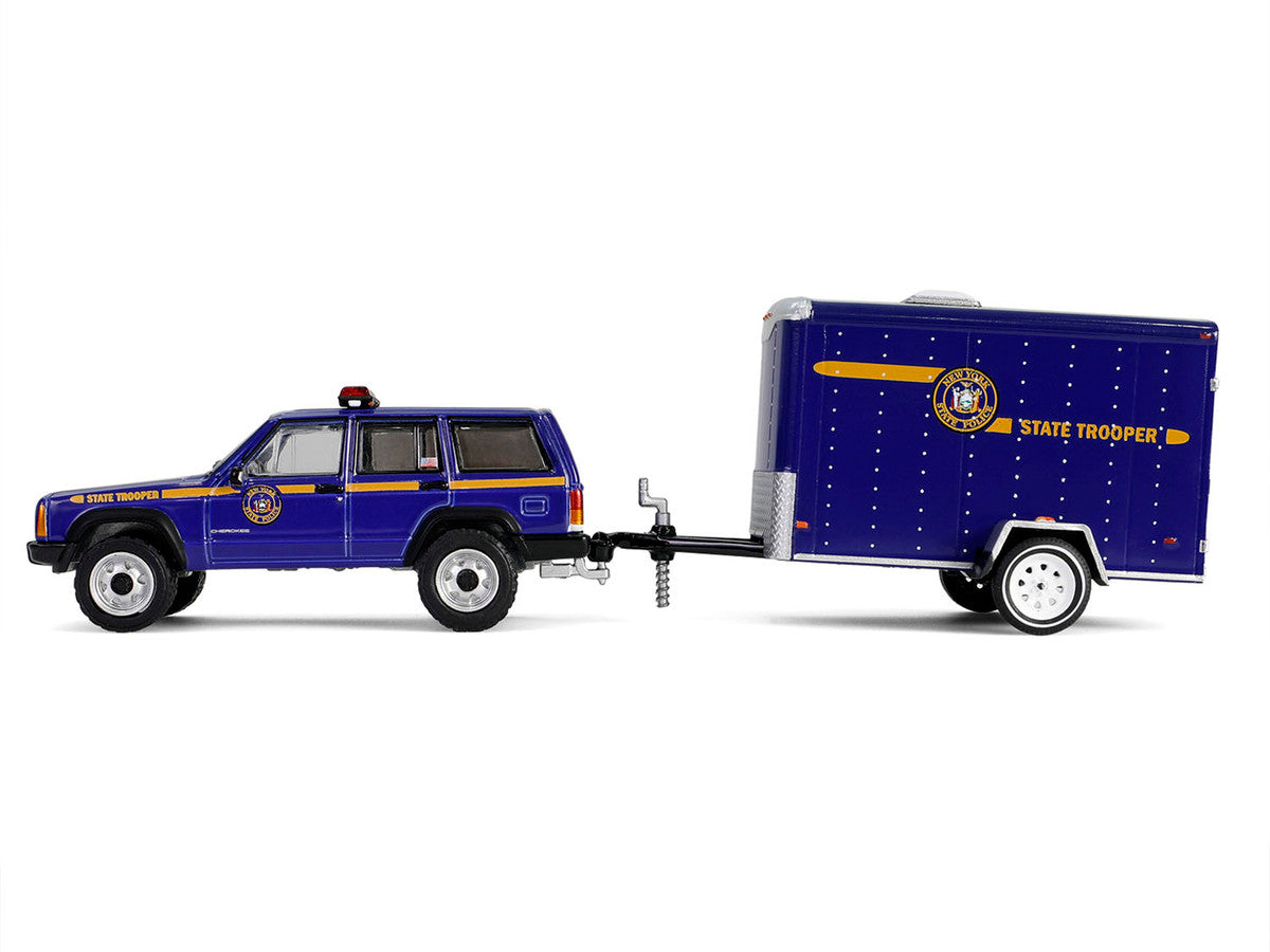 1/64 Diecast Jeep Cherokee New York State Police Blue Yellow Stripes Cargo Trailer Hot Pursuit Tow Series 1 Greenlight