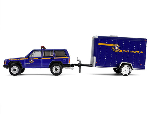 1/64 Diecast Jeep Cherokee New York State Police Blue Yellow Stripes Cargo Trailer Hot Pursuit Tow Series 1 Greenlight
