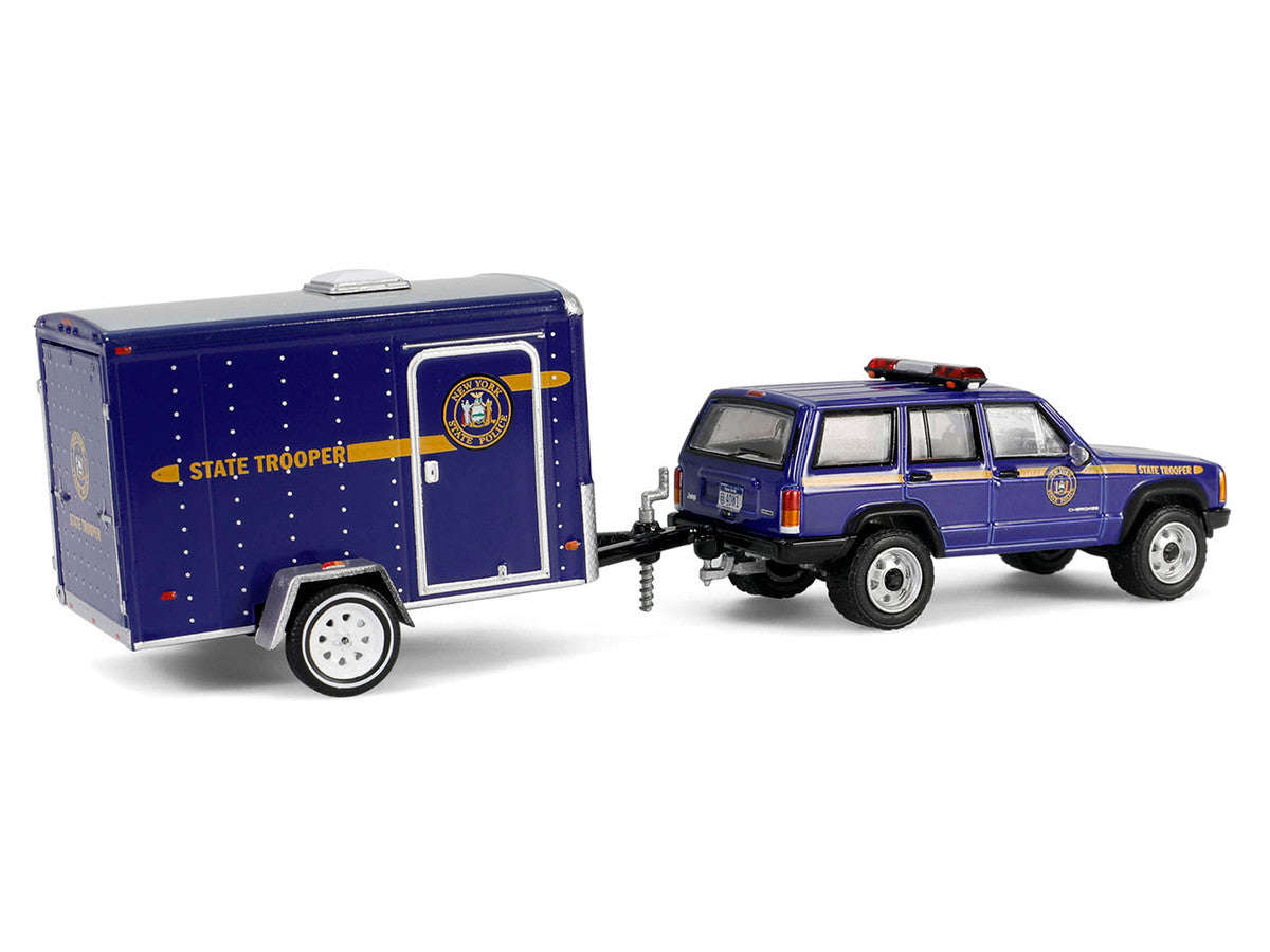 1/64 Diecast Jeep Cherokee New York State Police Blue Yellow Stripes Cargo Trailer Hot Pursuit Tow Series 1 Greenlight