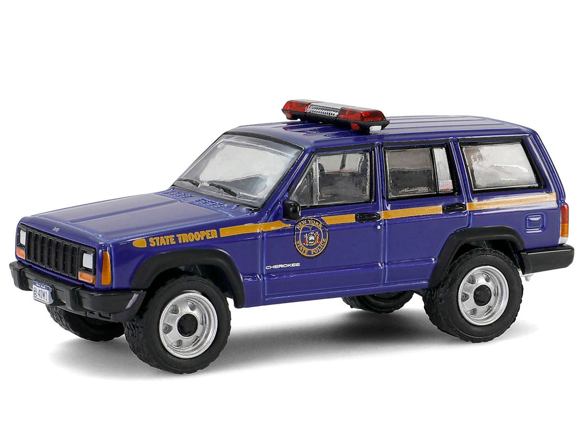1/64 Diecast Jeep Cherokee New York State Police Blue Yellow Stripes Cargo Trailer Hot Pursuit Tow Series 1 Greenlight