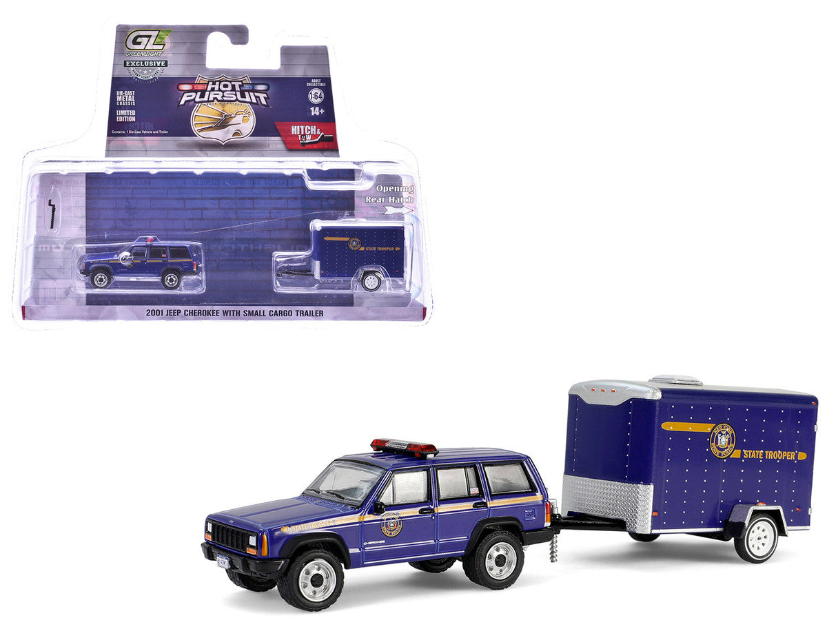 1/64 Diecast Jeep Cherokee New York State Police Blue Yellow Stripes Cargo Trailer Hot Pursuit Tow Series 1 Greenlight