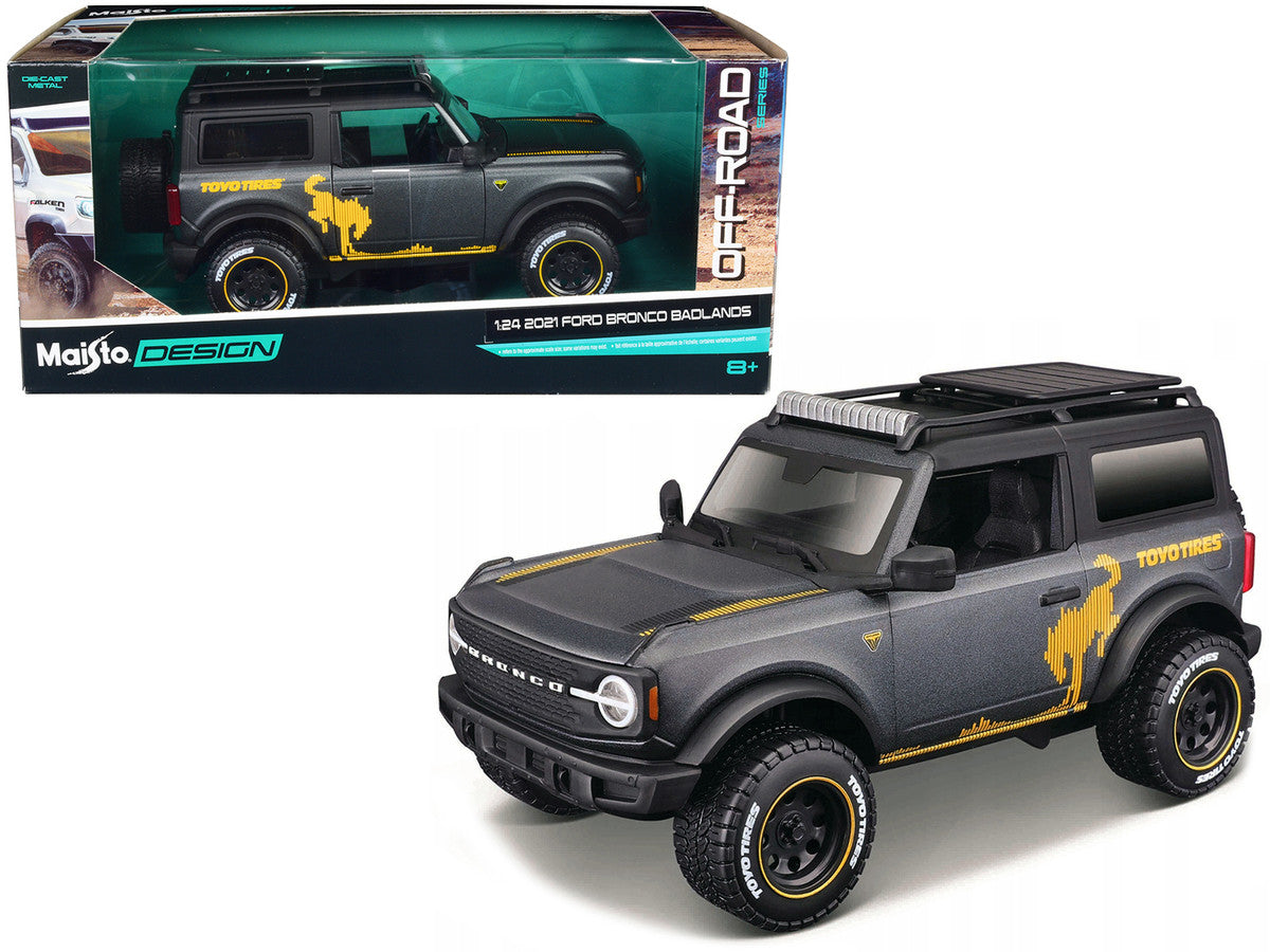2021 Ford Bronco Badlands Dark Gray Metallic with Gold Graphics and Roof Rack "Off-Road" "Maisto Design" Series 1/24 Diecast Model Car by Maisto-2