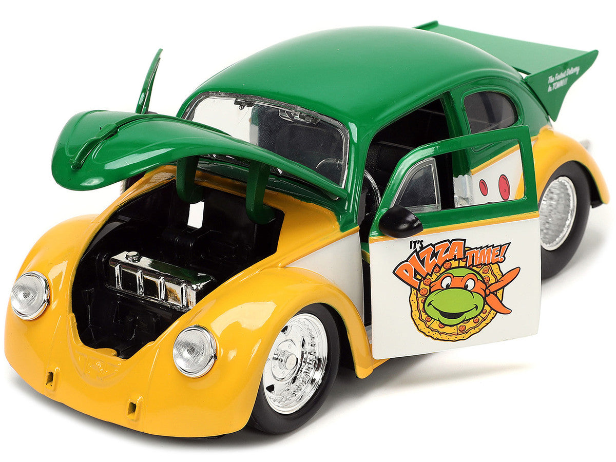 1959 Volkswagen Drag Beetle Green and Yellow and Michelangelo Diecast Figure "Teenage Mutant Ninja Turtles" "Hollywood Rides" Series 1/24 Diecast Model Car by Jada-1