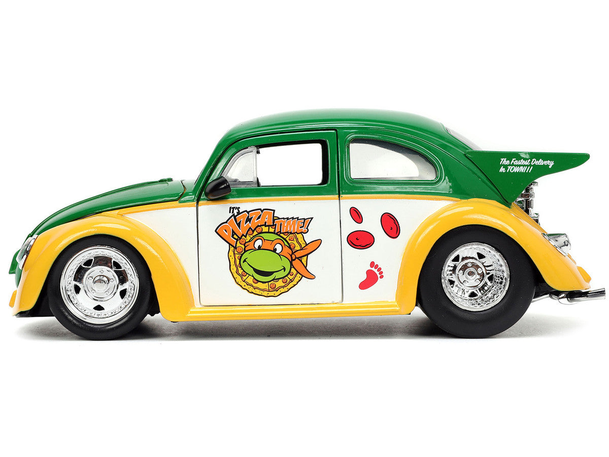 1959 Volkswagen Drag Beetle Green and Yellow and Michelangelo Diecast Figure "Teenage Mutant Ninja Turtles" "Hollywood Rides" Series 1/24 Diecast Model Car by Jada-2