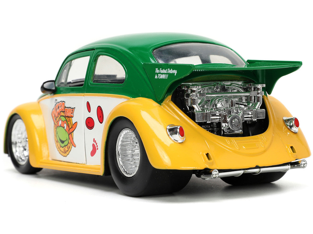 1959 Volkswagen Drag Beetle Green and Yellow and Michelangelo Diecast Figure "Teenage Mutant Ninja Turtles" "Hollywood Rides" Series 1/24 Diecast Model Car by Jada-4