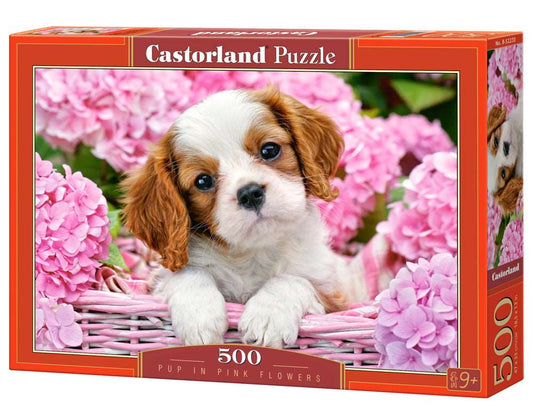 500 Piece Jigsaw Puzzle, Pup in Pink Flowers, Animal puzzle, Dog puzzle; Puppies, Cute dog, Adult Puzzles