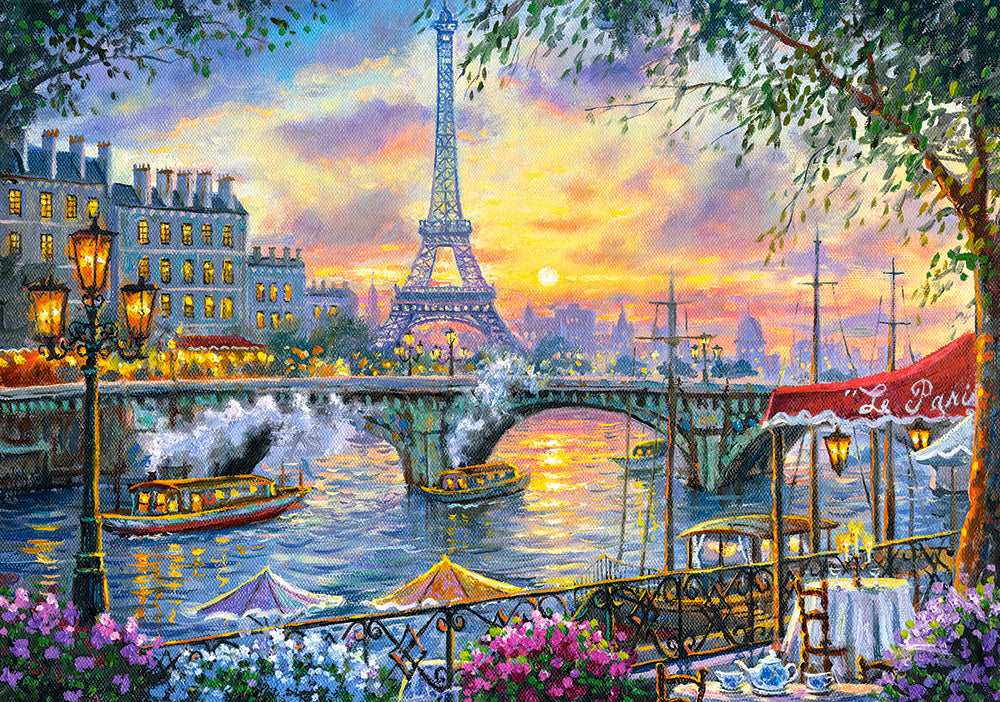 500 Piece Jigsaw Puzzle, Tea Time in Paris, France, Colorful Eiffel Tower and Café Puzzle, Paris, Art Puzzle, Adult Puzzles
