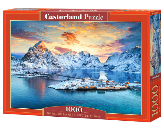 1000 Piece Jigsaw Puzzle, Sunrise on Sakrisøy, Lofoten, Norway, Majestic mountains, Stunning Arctic sunset, Adult Puzzle