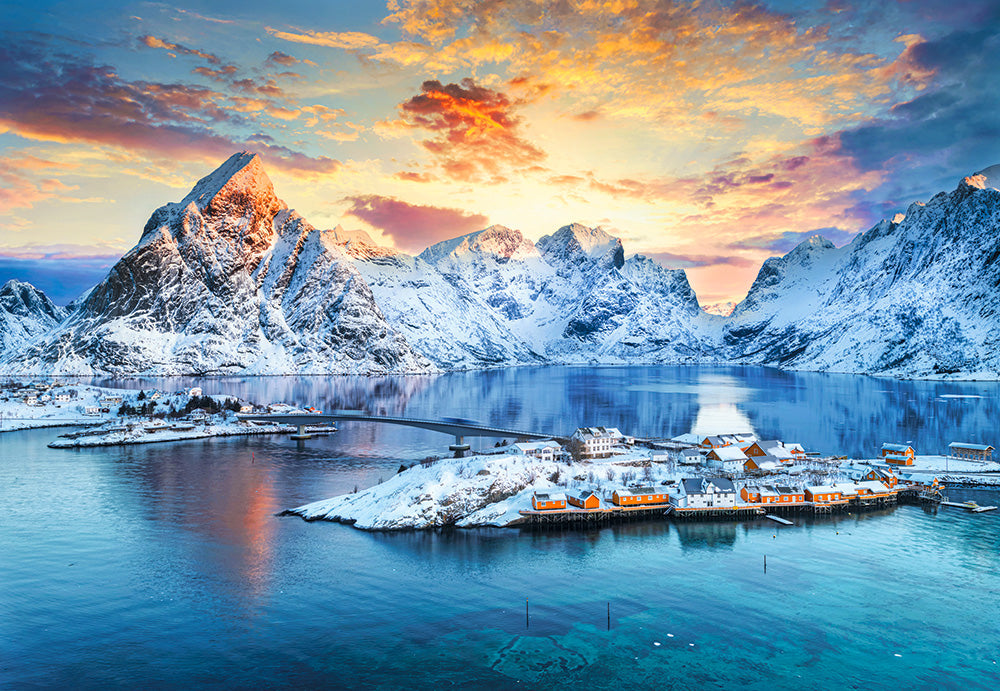 1000 Piece Jigsaw Puzzle, Sunrise on Sakrisøy, Lofoten, Norway, Majestic mountains, Stunning Arctic sunset, Adult Puzzle