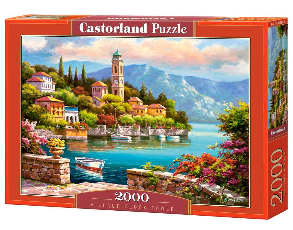 2000 Piece Jigsaw Puzzle, Village Clock Tower, Dolomites, Italy, Idyllic Landscape, Mountains and lake, Adult Puzzles
