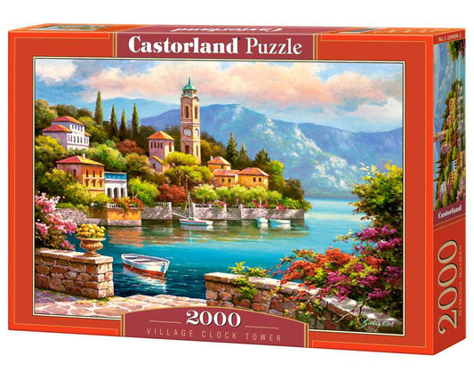 2000 Piece Jigsaw Puzzle, Village Clock Tower, Dolomites, Italy, Idyllic Landscape, Mountains and lake, Adult Puzzles