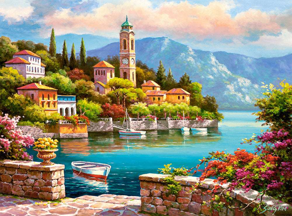 2000 Piece Jigsaw Puzzle, Village Clock Tower, Dolomites, Italy, Idyllic Landscape, Mountains and lake, Adult Puzzles