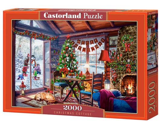 2000 Piece Jigsaw Puzzle, Christmas Cottage, Fireplace with stockings hung, Decorated tree, Adult Puzzle