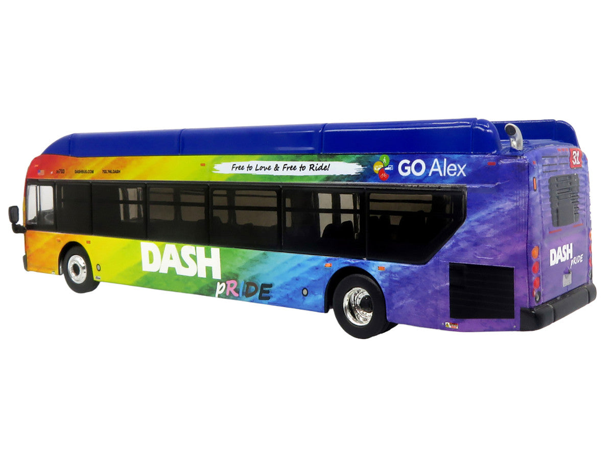 New Flyer Xcelsior XN40 Transit Bus "DASH Pride Livery" Blue with Rainbow Graphics "The Bus & Motorcoach Collection" Limited Edition 1/87 (HO) Diecast Model by Iconic Replicas-1