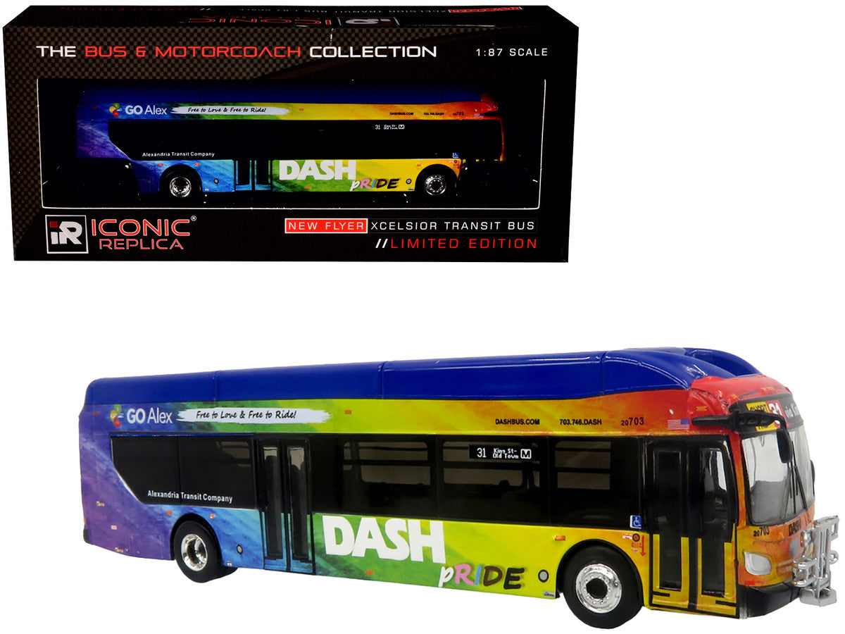 New Flyer Xcelsior XN40 Transit Bus "DASH Pride Livery" Blue with Rainbow Graphics "The Bus & Motorcoach Collection" Limited Edition 1/87 (HO) Diecast Model by Iconic Replicas-4