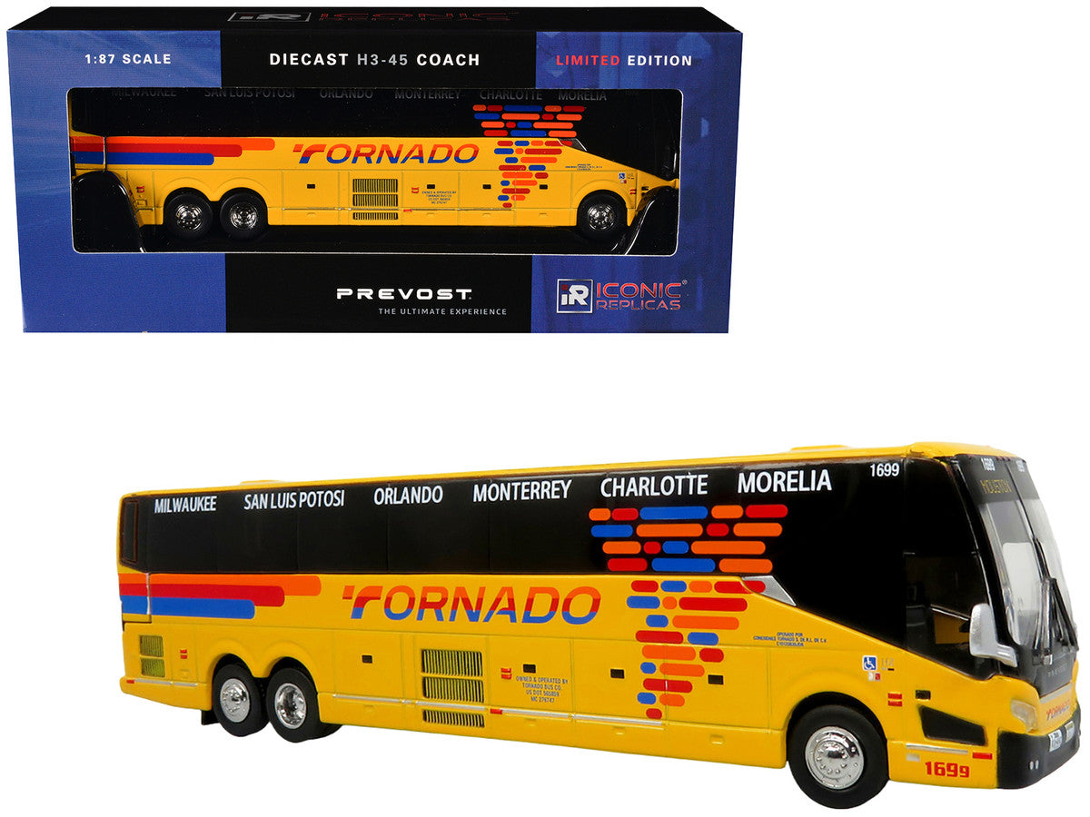Prevost H3-45 Coach Bus "Tornado Bus Company" Yellow with Graphics Limited Edition 1/87 (HO) Diecast Model by Iconic Replicas-4