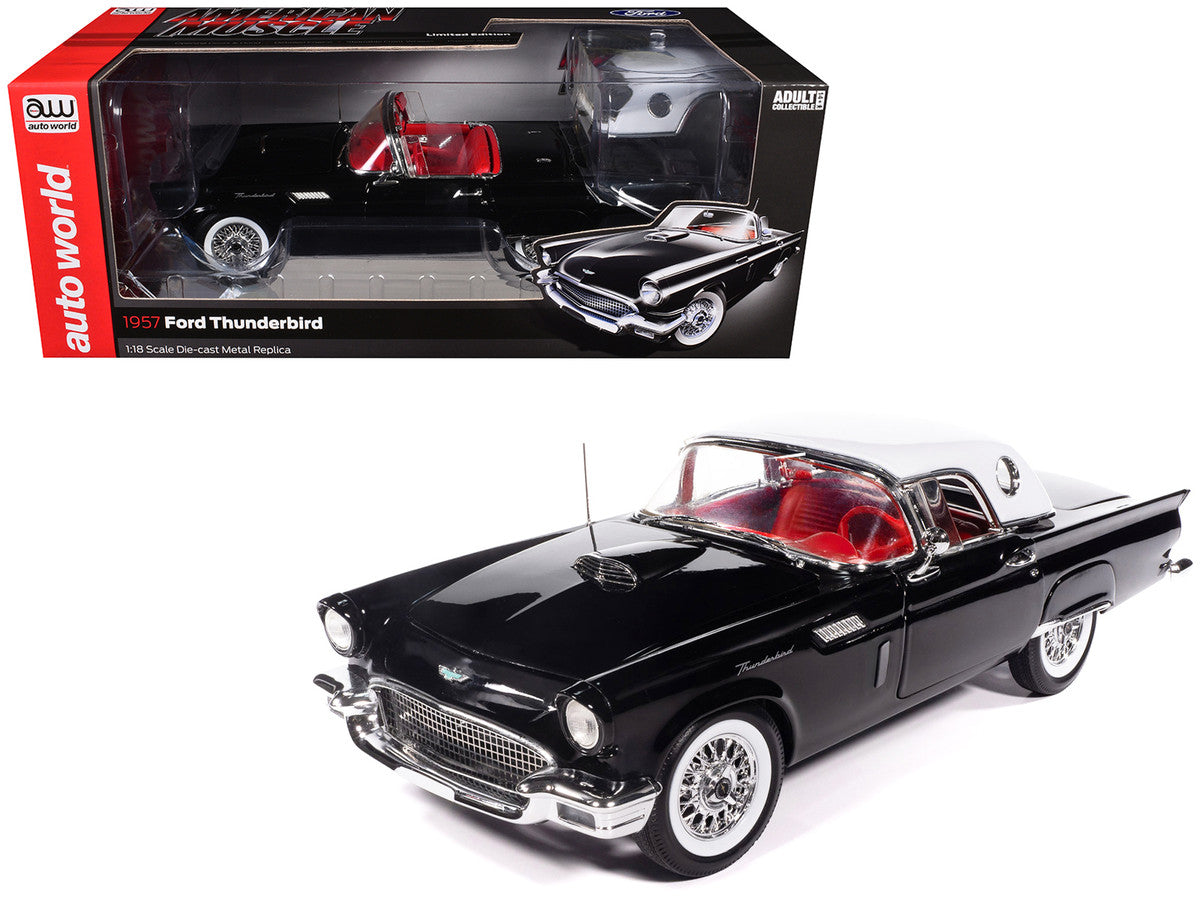1957 Ford Thunderbird Black with White Top and Red Interior "American Muscle" Series 1/18 Diecast Model Car by Auto World-4
