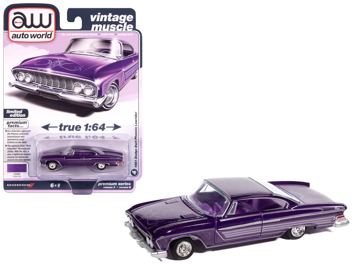 1961 Dodge Dart Phoenix Lowrider Purple Sky Metallic with Graphics and Purple Interior "Vintage Muscle" Series 1/64 Diecast Model Car by Auto World-2