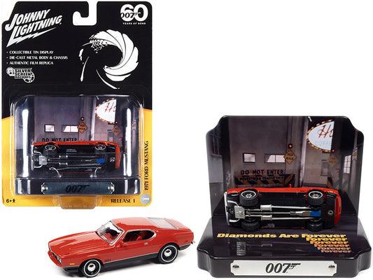 1971 Ford Mustang Mach 1 Red with Collectible Tin Display "007" (James Bond) "Diamonds Are Forever" (1971) Movie "60 Years Of Bond" 1/64 Diecast Model Car by Johnny Lightning-0